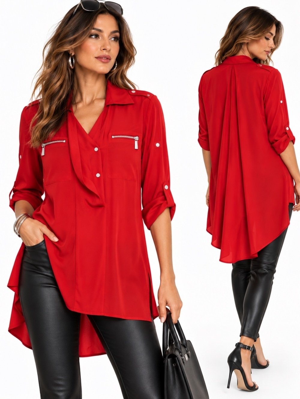 Chico’s Black Label Red High Low Utility Tunic Blouse Size 0 ( S )